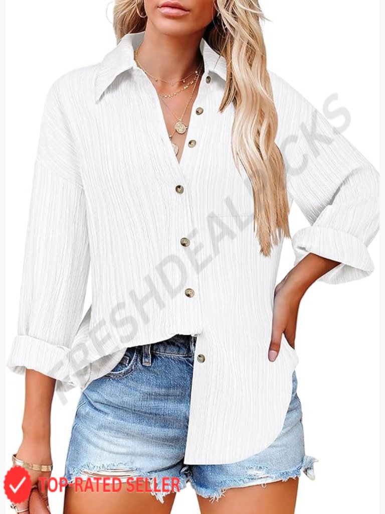 Textured Collared Button Down Blouse Long Sleeve Work Chic Elegant Pocket
